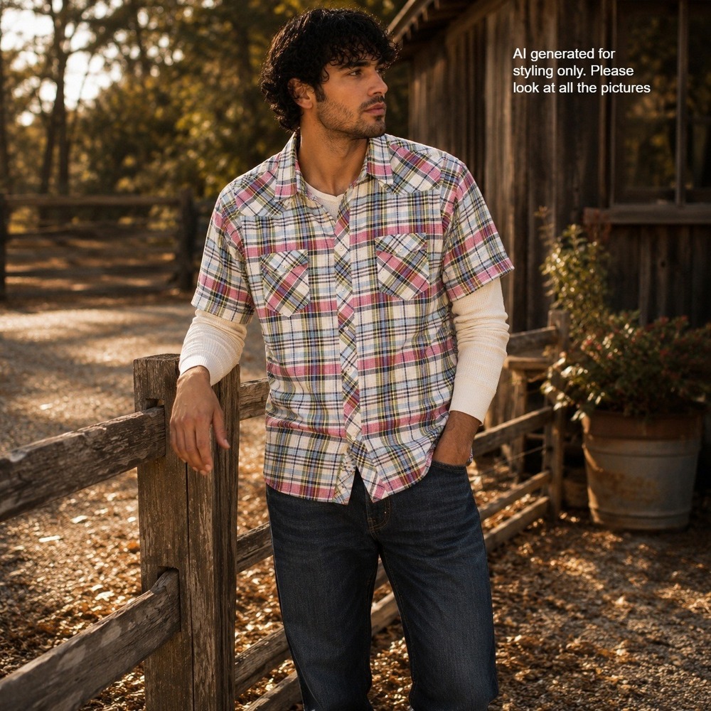 Wrangler Mens XL Western Shirt Short Sleeve Plaid Snap Front Multi-Color Cowboy